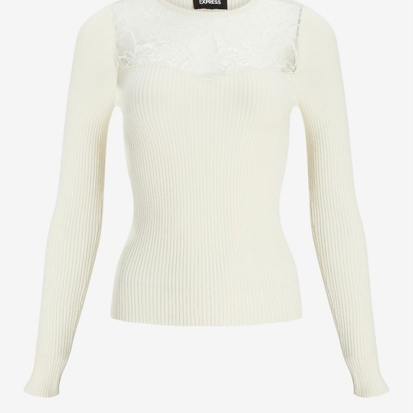 EXPRESS Ivory Lace Neckline Soft Ribbed Sweater Beautiful Shirt Medium 8-10 NWT - Picture 4 of 11